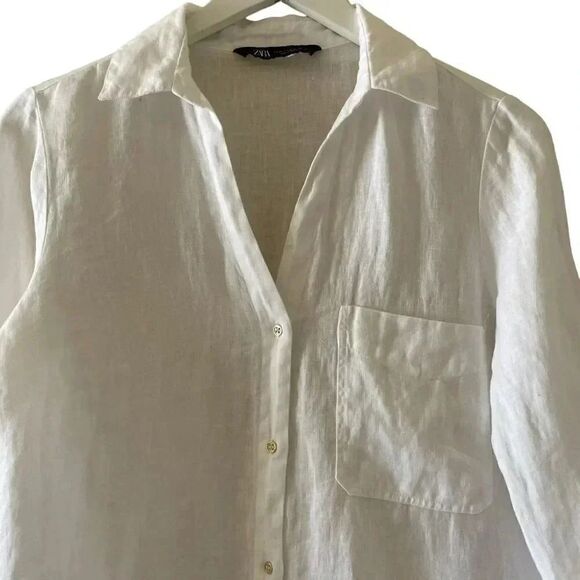 Zara Linen White Button-Down Collar Rolling Sleeves Solid Basic SZ XS #1215 - Picture 3 of 15